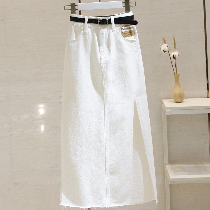 香港白色开叉牛仔半身裙女中长款夏季新款高腰宽松显瘦a字包臀裙