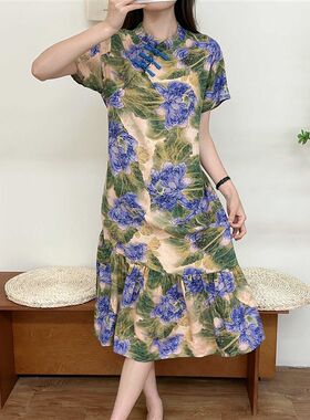 新中式绵绸连衣裙旗袍款式显瘦薄款简约水墨画中国风人造棉中长裙