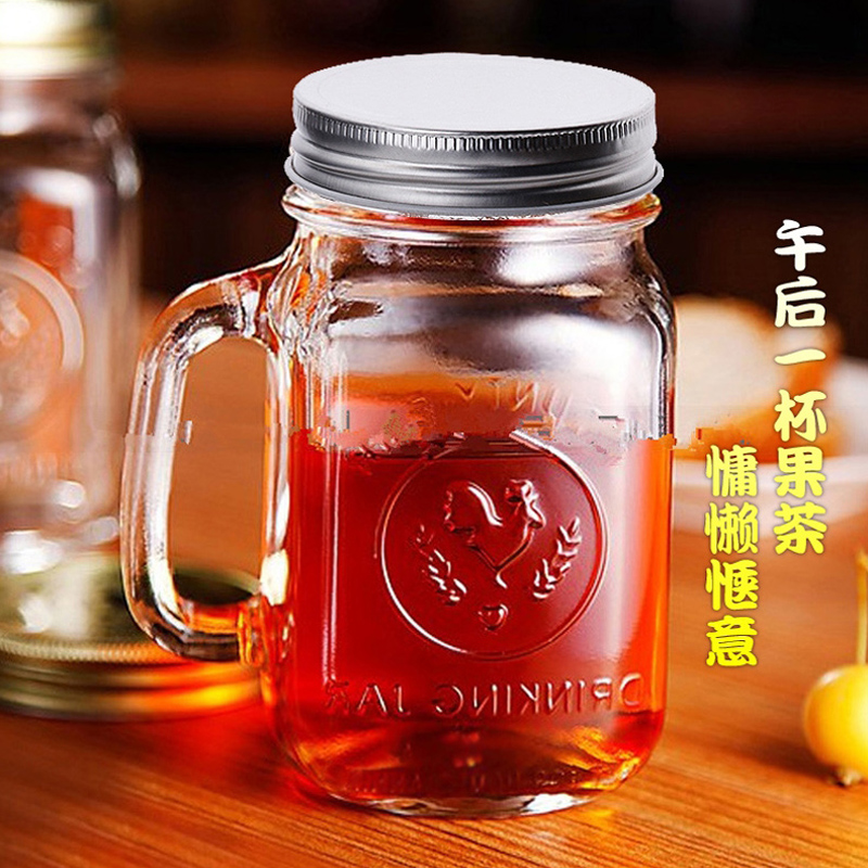 新品公鸡杯玻璃杯水杯带把手带盖玻璃杯水杯鲜芋仙杯方形奶茶杯饮