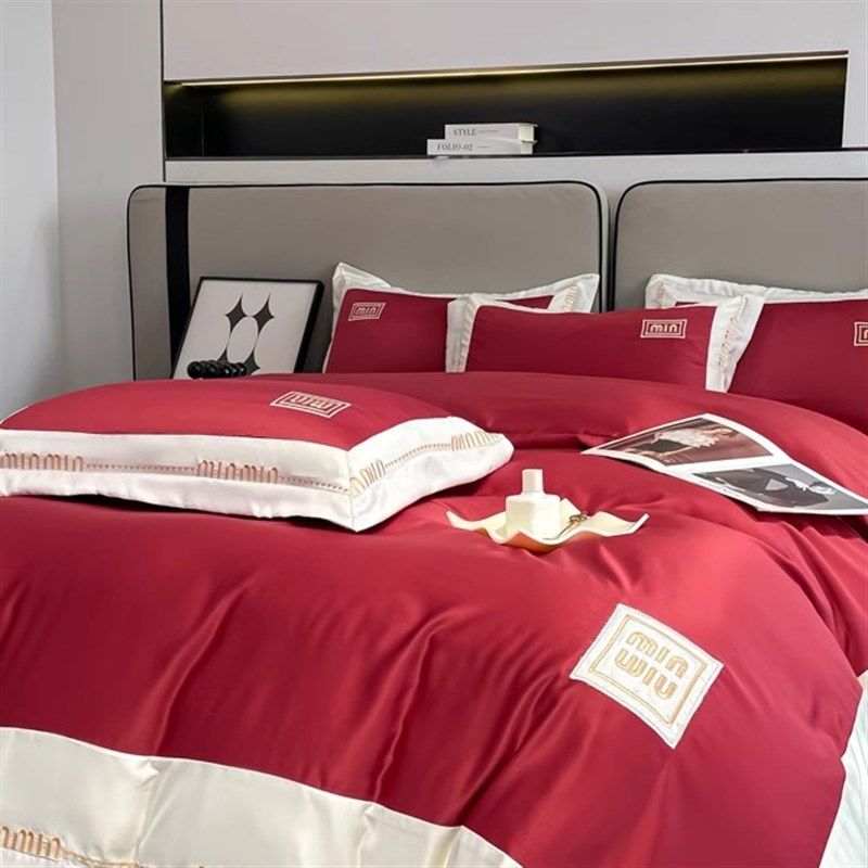 夏季冰丝四件套丝滑裸睡床单被套床笠款简约结婚红色真丝床上用品,床上用品,床品套件/四件套/多件套,淘宝优惠券,粉丝福利购,淘宝优惠卷