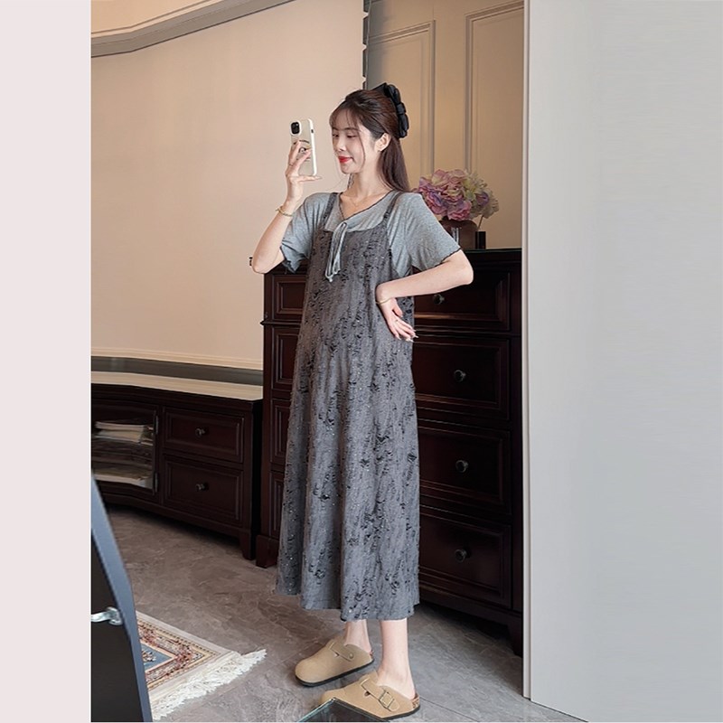 遮肚显瘦孕妇长裙~孕期穿搭夏季孕妇吊带裙破洞复古连衣裙两件套