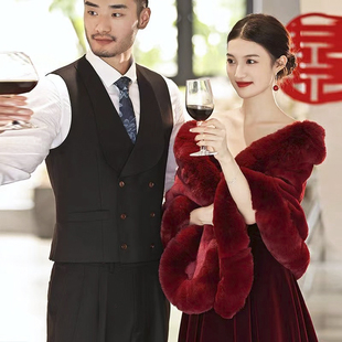 红色披肩结婚旗袍斗篷p礼服婚礼外搭冬季新娘敬酒服晚宴外披保暖