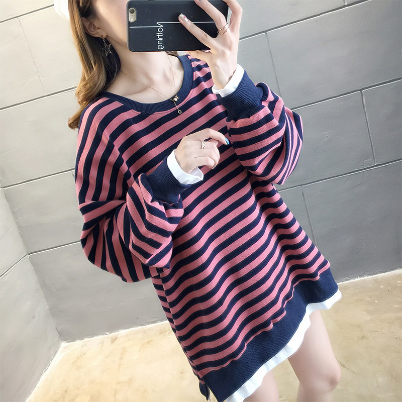 秋装大码孕妇装卫衣假两件套宽松外穿潮妈条纹上衣遮肚圆领休闲女