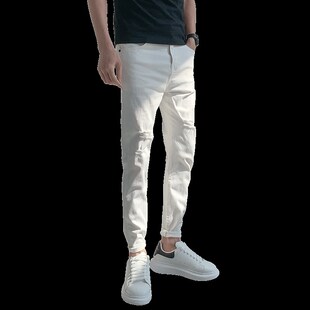 锥形裤 26D码 27码 小码 工装 男修身 瘦人薄款 破洞九分 高街白色牛仔裤