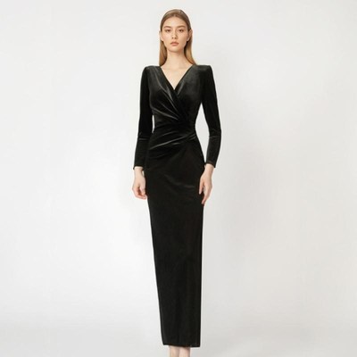 RL冬季新款设计感法式轻奢丝绒连衣裙修身显瘦遮肉保暖长裙子大码