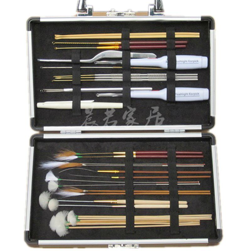 包邮专业扬州掏耳朵采耳工具套装铝盒精品31件鹅毛棒发光耳勺头灯