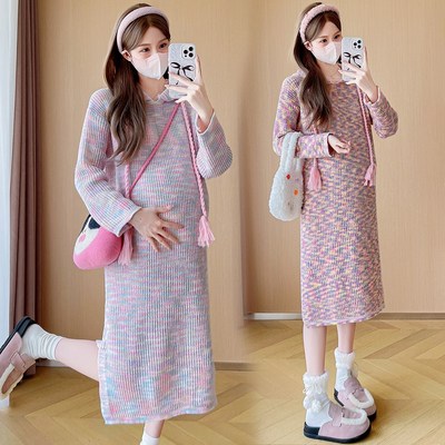 孕妇连衣裙秋冬2025新款高级感连帽宽松彩色针织加厚毛衣裙中长款