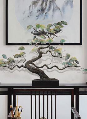 新中式金属迎客松摆件玄关客厅桌面铁艺松树雕塑酒店招财树工艺品