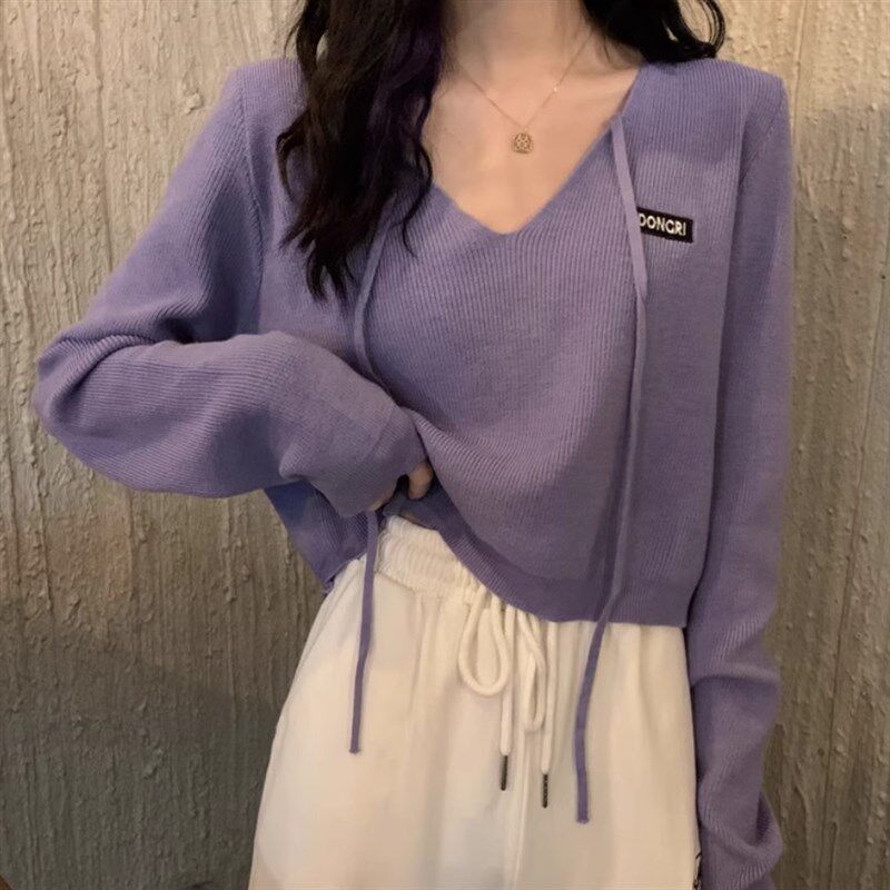 短款针织打底衫女春秋冬季2u024年新款洋气内搭毛衣v领长袖t恤上