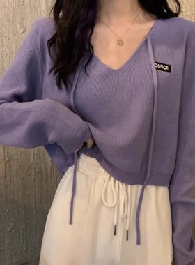 短款针织打底衫女春秋冬季2u024年新款洋气内搭毛衣v领长袖t恤上