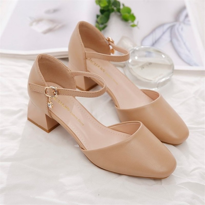 204仙女2风头凉鞋43961粗跟中跟新款方头一字女带包夏季百搭高跟