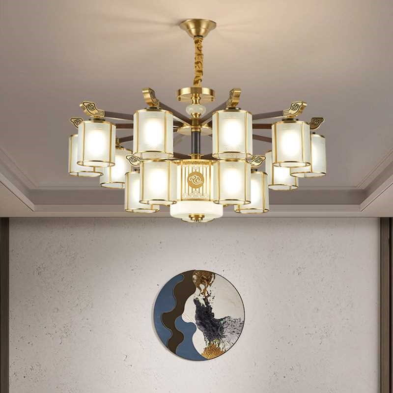 新中式复式楼客厅大吊灯全铜实木大气别墅中空挑高楼中楼梯大厅灯