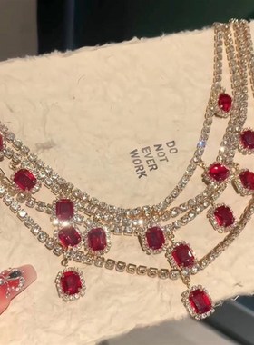 欧美重工多层祖母绿水晶宝石吊坠项链叠戴K晚宴名媛风高级感颈链