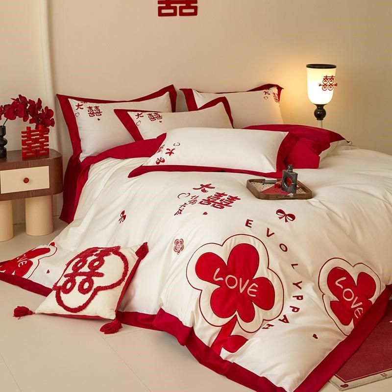 婚庆四件套全棉喜庆花朵贴布绣被套红色结婚床单新婚嫁娶床上用品,床上用品,婚庆床品套件,淘宝优惠券,粉丝福利购,淘宝优惠卷