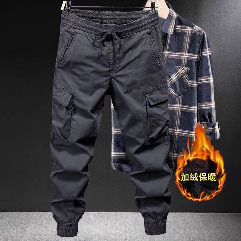 秋冬季工装裤男宽松大码束脚裤加绒加厚多口袋劳保耐磨休闲工作裤