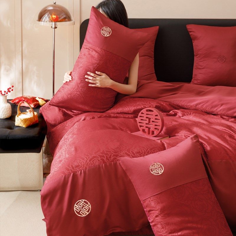 简约160支长绒棉结婚四件套红色印花卉被套床单婚庆婚房床品4,床上用品,婚庆床品套件,淘宝优惠券,粉丝福利购,淘宝优惠卷