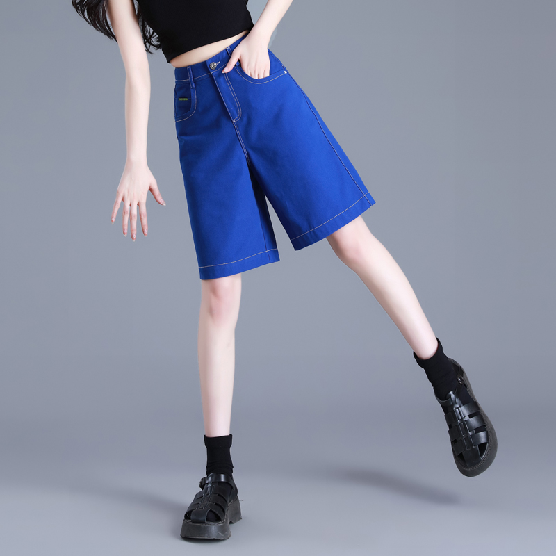 宝蓝色牛仔短裤五分裤女夏季薄款2022新款阔腿高腰设计感5分中裤