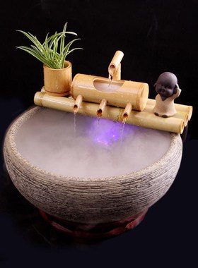 假山流水器水循环陶瓷鱼缸客厅室内装饰竹排喷泉景观造景摆件