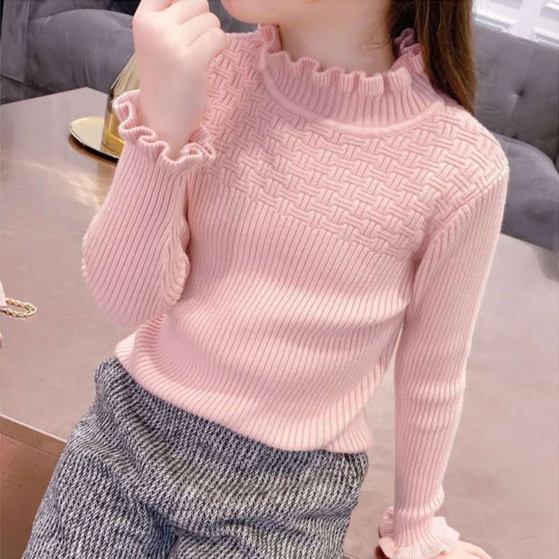 女童打底衫洋派2023秋冬新款纯色加绒毛衣中小童花边半高领针织衫