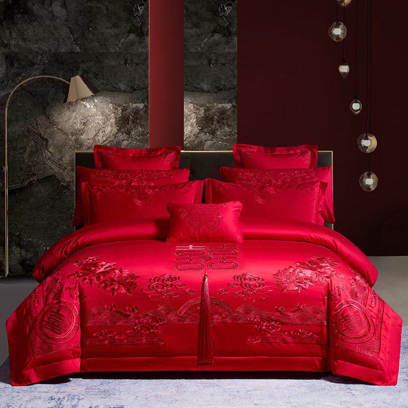 100支长绒棉婚庆四件套全棉刺绣大红色婚房喜庆结婚床上用品4,床上用品,婚庆床品套件,淘宝优惠券,粉丝福利购,淘宝优惠卷