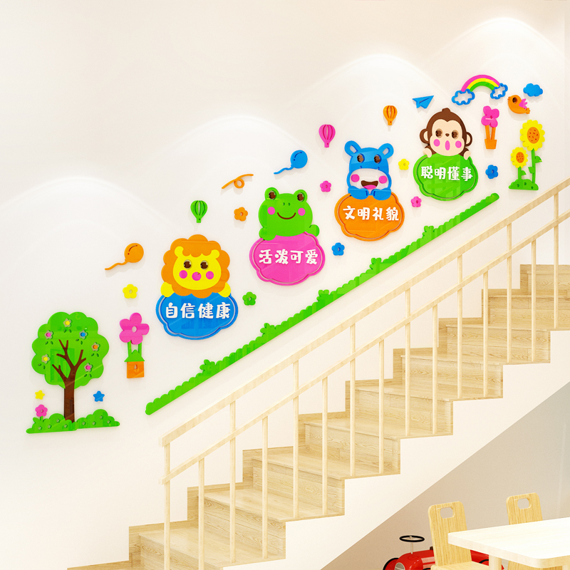 幼儿园楼梯墙面装饰卡通3d立体墙贴画走廊大厅环创主题墙环境布置图片