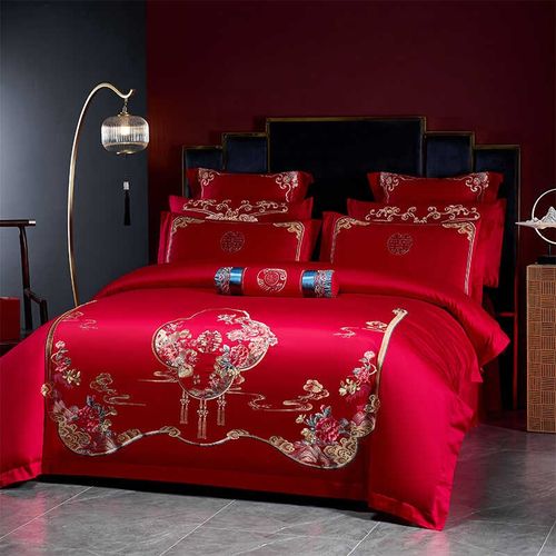 红色四件套床上用品床单套件婚庆100S长绒棉中式大红色被套喜被芯