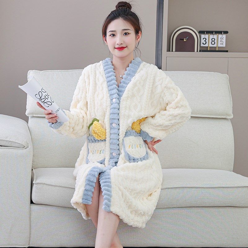 新款宽松保暖休闲纽扣开衫睡衣女舒棉绒睡袍中长中厚可外穿浴袍,女士内衣/男士内衣/家居服,睡袍/浴袍,淘宝优惠券,粉丝福利购,淘宝优惠卷