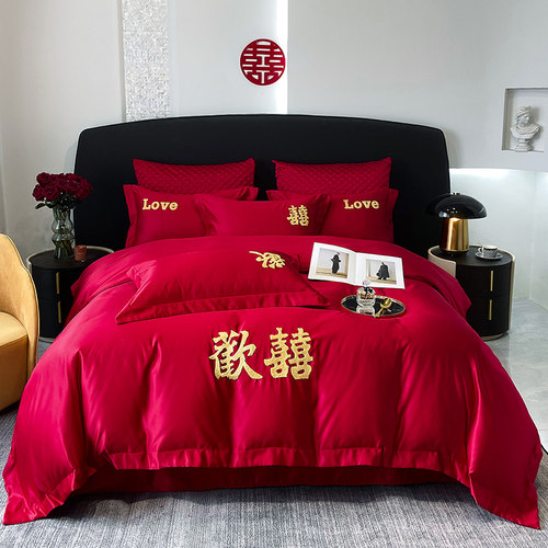 新款轻奢磨毛婚庆毛巾绣四件套大红色绣花双人床结婚床品套件床单