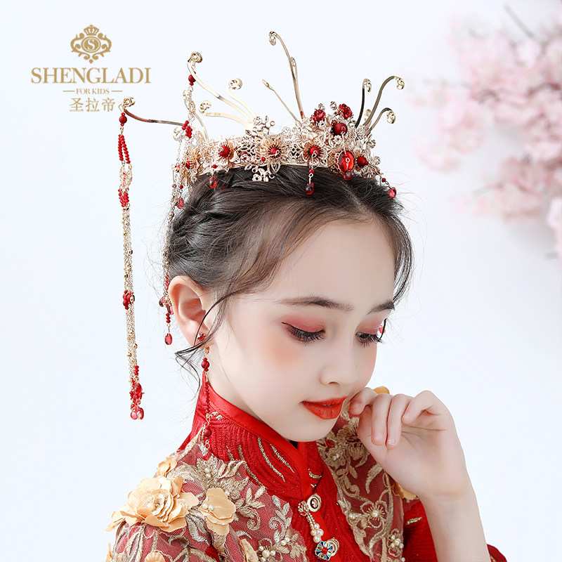 现货速发儿童汉服头饰高端女童红色流苏步摇发冠饰品秀禾服中国风