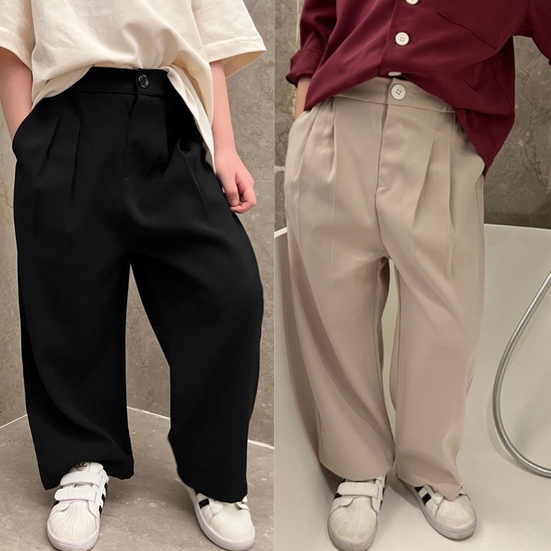 男童黑色西装裤儿童阔腿裤直筒裤男孩裤子松紧腰西裤拖地裤中大童