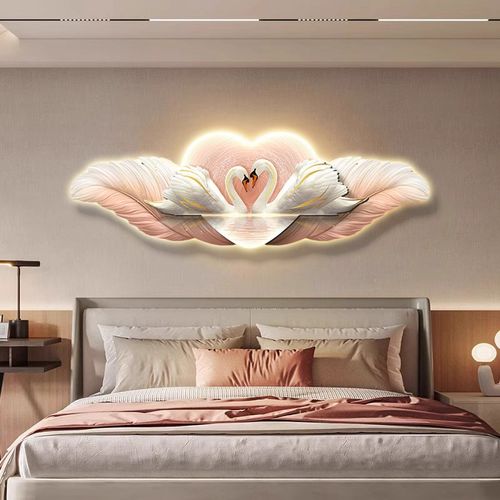 LED带灯轻奢羽毛天鹅床头画卧室挂画现代简约酒店装饰画主卧壁灯