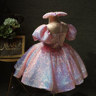 女童闪亮公主裙短款活泼优雅礼服主持走秀合唱生日