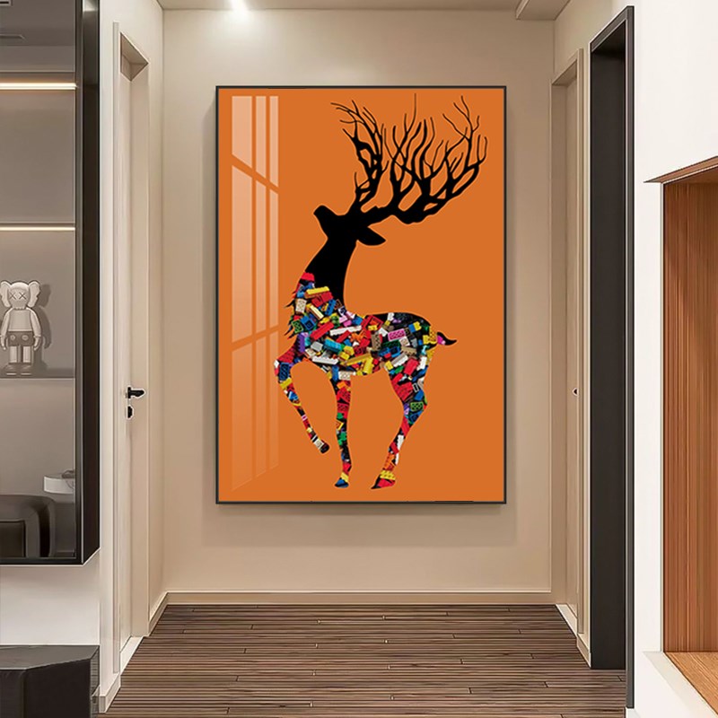 现代轻奢麋鹿装饰画高级感橙色别墅挂画高档入户客厅走廊过道壁画图片