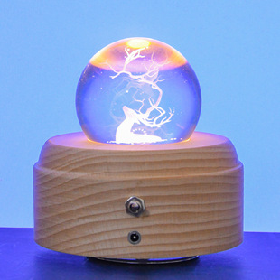推荐创意木质八音盒发光底座木制工艺品摆件实木发光水晶球旋转音