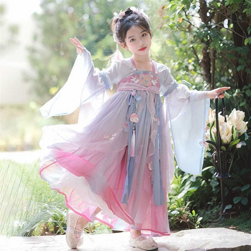 现货女童汉服中国风儿童改良古装超仙刺绣齐胸襦裙唐朝女宝宝桃仙