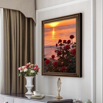 美式玄关装饰画玫瑰花油画走廊过道高级感挂画客厅沙发背景墙壁画