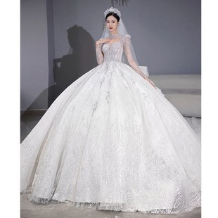 法式 新娘奢华重工大拖尾宫廷风高级质.感白色主 婚纱礼服2024新款