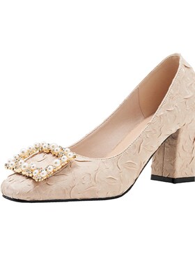 2023新款方f头粗跟高跟鞋大码41一43珍珠方扣日常女单鞋小码31323