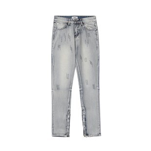 FOG街b头潮流纯棉水洗高街拉炼长裤子浅蓝色百搭牛仔裤修身小脚男