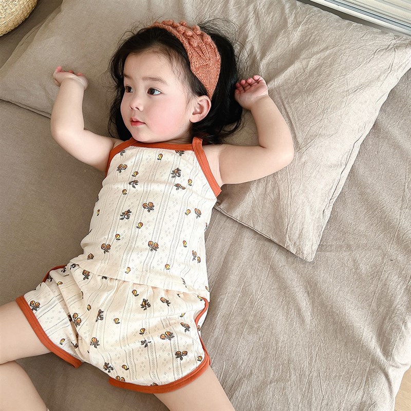 女童吊带睡衣套装夏季薄款儿童纯棉背心宝宝碎花无袖上衣短裤套装