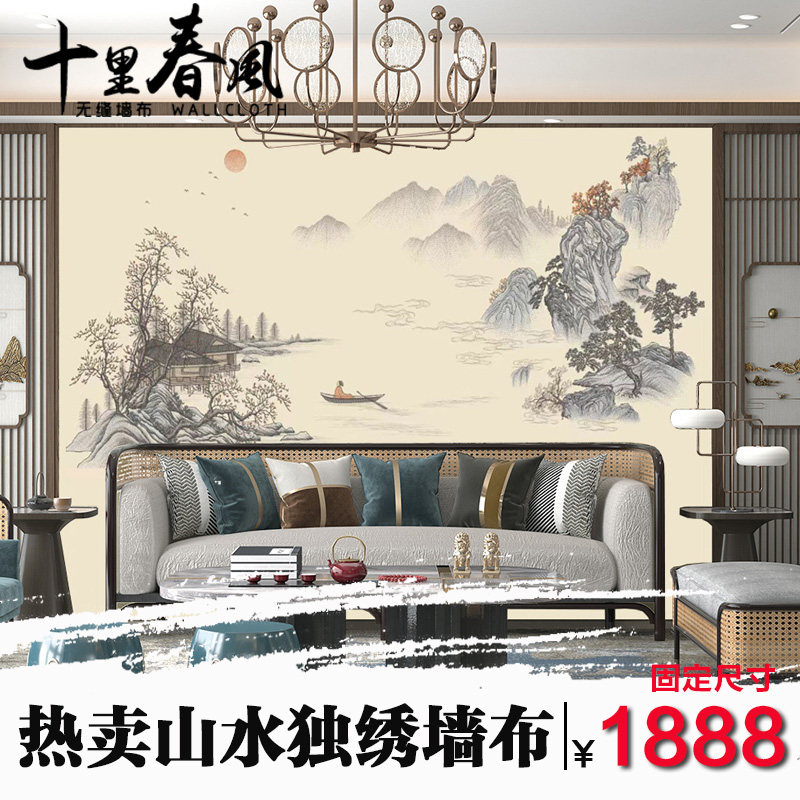 复式高端刺绣墙布沙发电视背景墙B客厅玄关圆形独绣壁布山水独秀