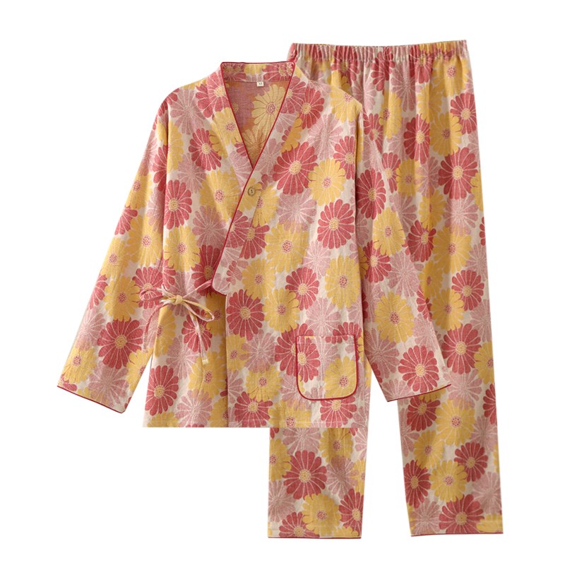 日系和服睡衣女春秋夏r款纱布长袖长裤日式家居服套装可外穿