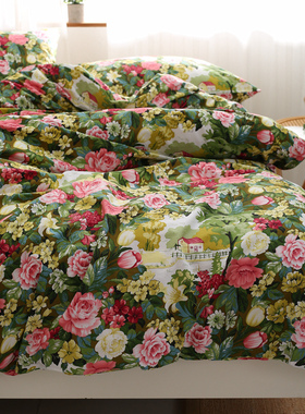 全棉被套单件 150mx200X230cm秋冬被罩斜纹布田园风大花朵绿色