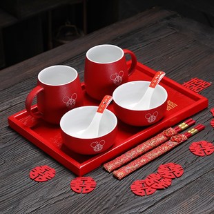 创意陶瓷婚庆用 结婚敬茶杯红色喜碗一对托盘婚礼陪嫁改口茶具套装