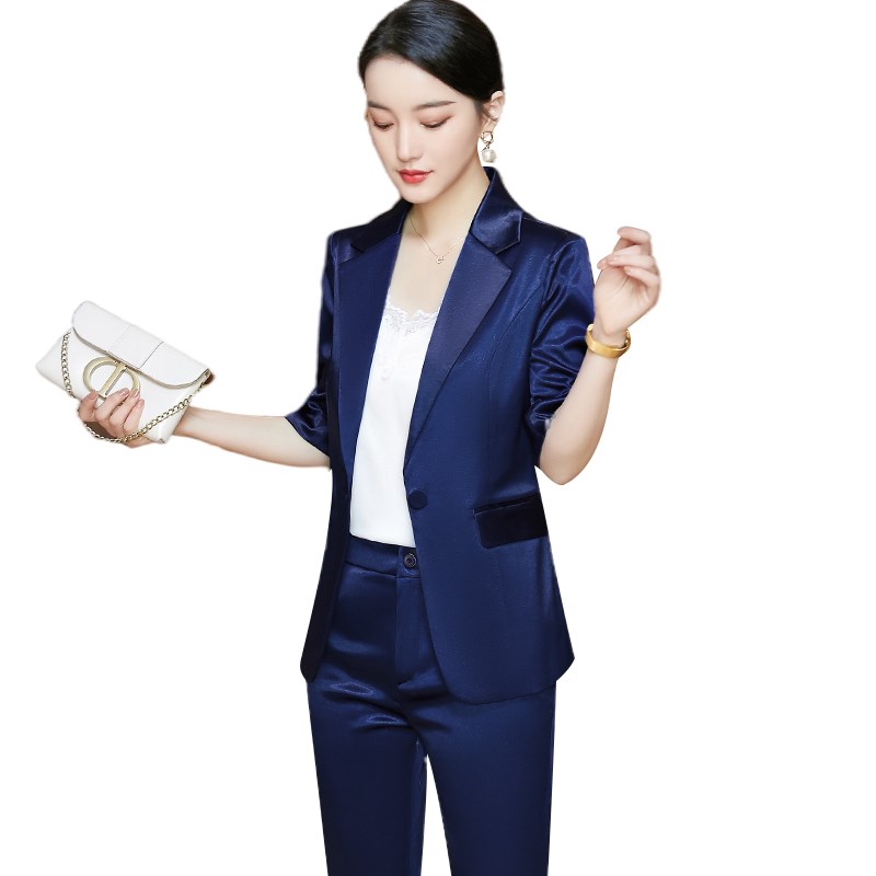 七分袖亮面西装女短款小个子西服九分裤职业套装春夏薄款粉工作服
