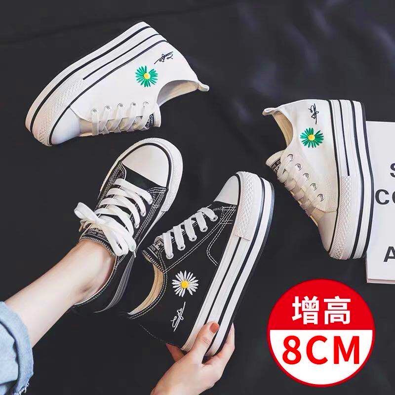 明星同款内增高帆布鞋女2023夏透气韩版百搭潮小雏菊厚底松糕板鞋