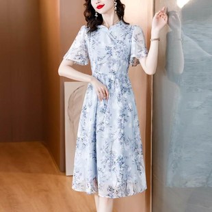 蓝色雪纺碎花连衣裙女2023夏季新款中国风复古优雅淑女风中长裙