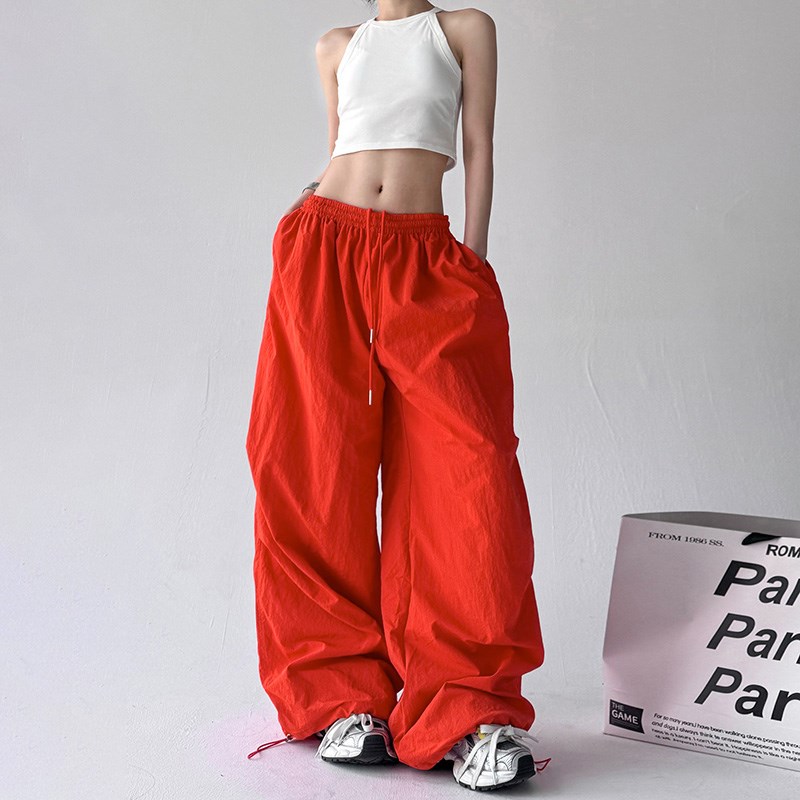 超好看的辣妹橘红色工装裤女2025春季褶皱M休闲显瘦阔腿美式宽松