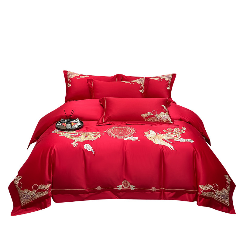 高档四件套大红色全棉龙凤结婚喜被牀单笠牀上用品新婚庆房嫁礼中,床上用品,婚庆床品套件,淘宝优惠券,粉丝福利购,淘宝优惠卷