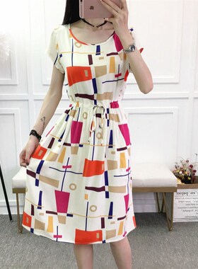 时尚碎花棉绸连衣裙2023夏季新款中长款有口袋系带人造棉裙子女潮